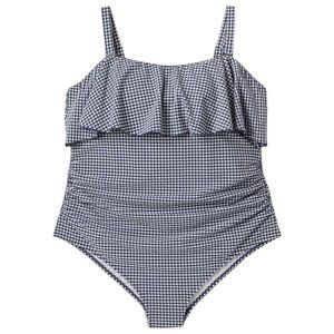Kona Sol Bandeau Ruffle Flounce Front Ruched Navy Gingham One Piece Swim…